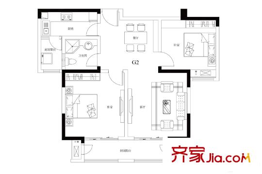 觀山悅項(xiàng)目一期標(biāo)準(zhǔn)層G2戶型 2室2廳1衛(wèi)1廚