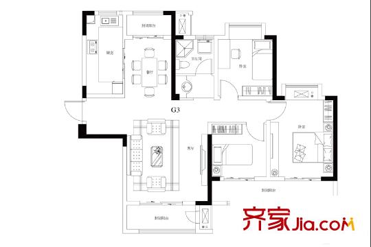 觀山悅項(xiàng)目一期標(biāo)準(zhǔn)層G3戶型 3室2廳1衛(wèi)1廚