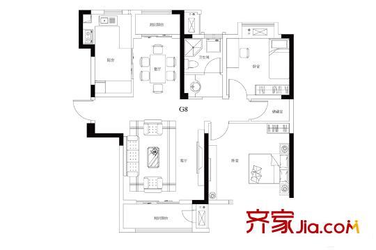 觀山悅項目一期標(biāo)準(zhǔn)層G8戶型 2室2廳1衛(wèi)1廚