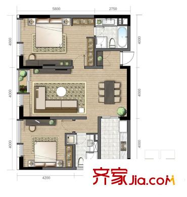 菲呢克斯國際公寓一期1幢標(biāo)準(zhǔn)層戶型-4 2室2廳2衛(wèi)1廚