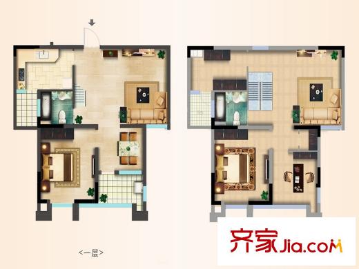 悅恒君鉑標準層躍層B戶型 2室2廳2衛(wèi)1廚