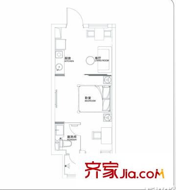 翠屏托樂嘉貴鄰居11幢標準層A戶型 1室2廳1衛(wèi)1廚