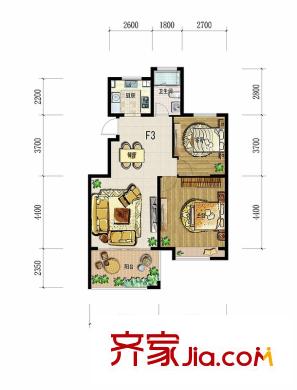 翠屏托樂嘉貴鄰居組團E01#樓標準層F3戶型 2室2廳1衛(wèi)1廚