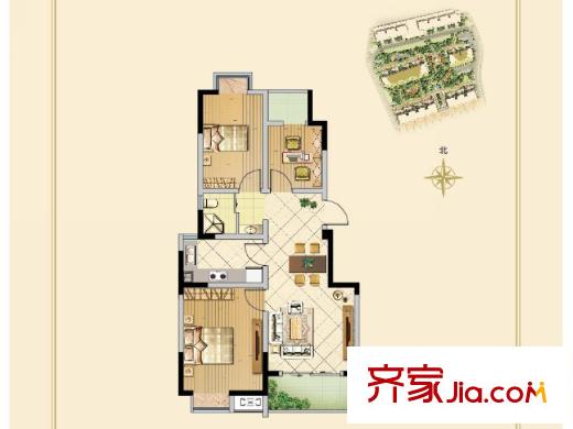 百麗明珠花園二期標準層戶型D 3室2廳1衛(wèi)1廚