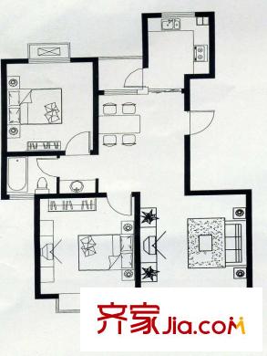 武夷綠洲四期1-10號(hào)樓標(biāo)準(zhǔn)層B5戶型 2室2廳1衛(wèi)1廚