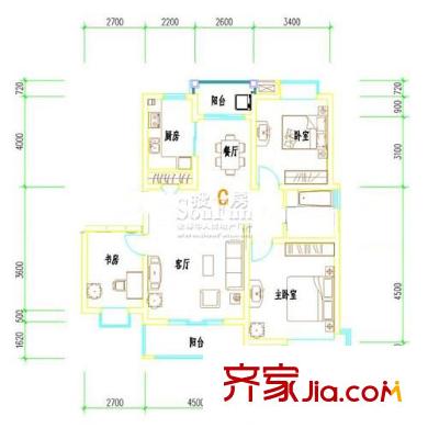 雨山美地一期14#1-5層C戶型圖 3室2廳1衛(wèi)1廚