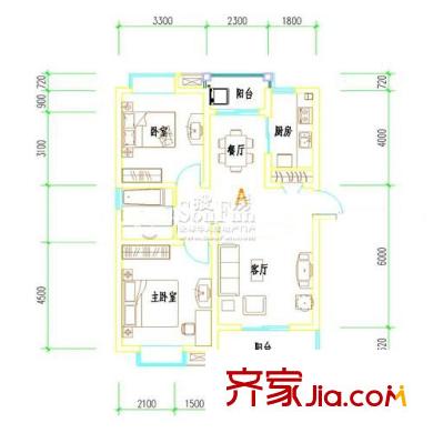 雨山美地一期15#1-5層A戶型圖 2室2廳1衛(wèi)1廚