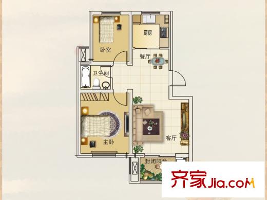 陶然經(jīng)典一期標準層A戶型 2室2廳1衛(wèi)1廚