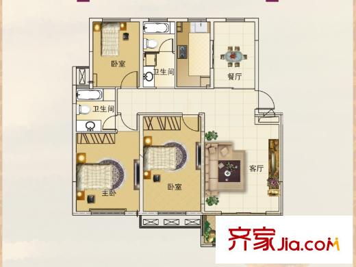 陶然經(jīng)典一期標準層C戶型  3室2廳1衛(wèi)2廚