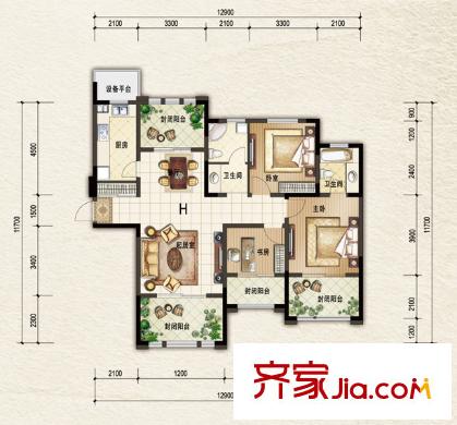 陽光帝景一期1-3#、5-7#、9-15#標(biāo)準(zhǔn)層H戶型 3室2廳2衛(wèi)1廚