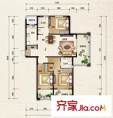 陽光帝景一期03#，06-15#標(biāo)準(zhǔn)層J戶型 3室2廳2衛(wèi)1廚