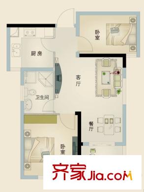 竹山華庭一期1、2號樓標(biāo)準(zhǔn)層A2戶型 2室2廳1衛(wèi)1廚