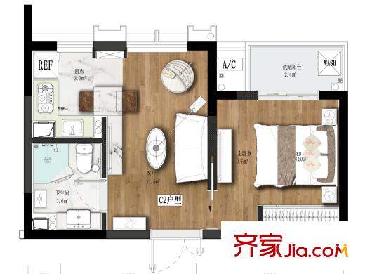 協(xié)眾水岸風(fēng)華一期17、18號樓標(biāo)準(zhǔn)層C2戶型 1室1廳1衛(wèi)1廚