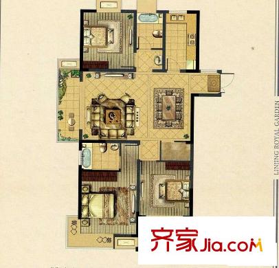 林景御園一期1#2#3#標準層C戶型圖  3室2廳2衛(wèi)1廚