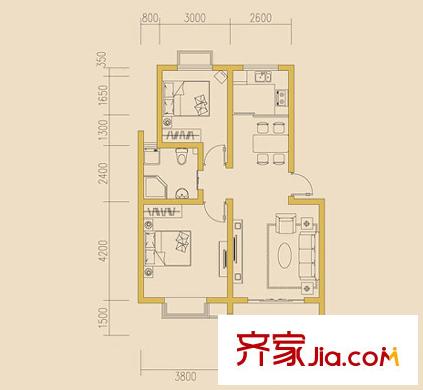 江岸景城一期1-15幢標(biāo)準(zhǔn)層A戶型 2室2廳1衛(wèi)1廚