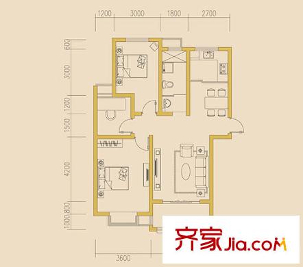 江岸景城一期1-15幢標(biāo)準(zhǔn)層B戶型 3室2廳1衛(wèi)1廚