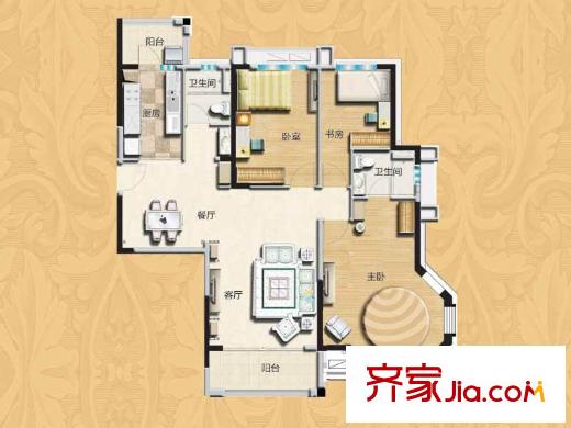 碧桂園歐洲城三期依云小鎮(zhèn)標準層J175A戶型圖 3室2廳2衛(wèi)1廚