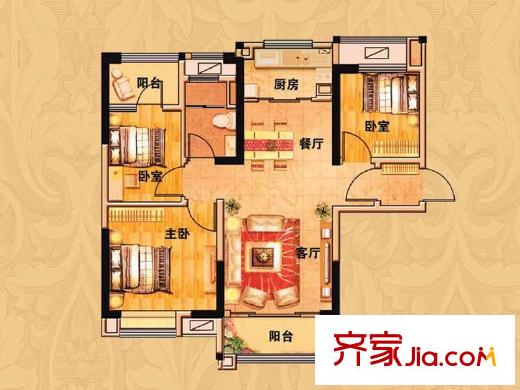 碧桂園歐洲城三期依云小鎮(zhèn)標準層J212B戶型圖 3室2廳1衛(wèi)1廚