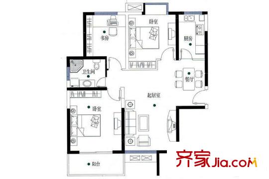 浦泰和天下標(biāo)準(zhǔn)層A戶型 3室2廳1衛(wèi)1廚