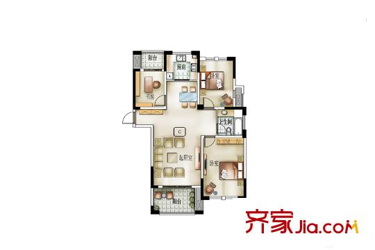 橡樹城31-34幢標(biāo)準(zhǔn)層J1戶型 3室2廳1衛(wèi)1廚