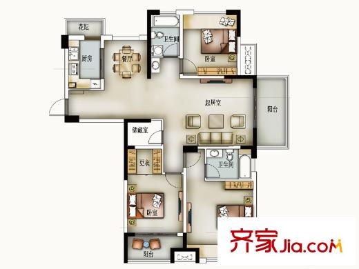 橡樹城一期31-34號樓標(biāo)準(zhǔn)層L戶型 3室2廳1衛(wèi)1廚
