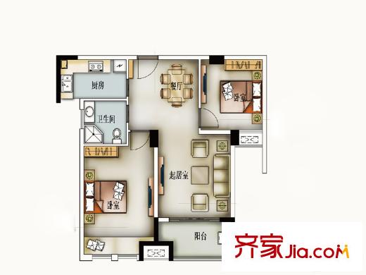 橡樹城一期31-34號樓標(biāo)準(zhǔn)層I02戶型 2室2廳1衛(wèi)1廚