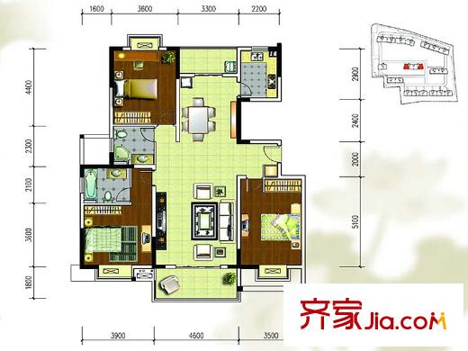 金盛田陽(yáng)光青城一期1#、3#、4#標(biāo)準(zhǔn)層K戶(hù)型 3室2廳1衛(wèi)