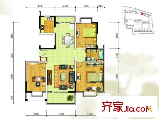 金盛田陽(yáng)光青城一期1#、2#標(biāo)準(zhǔn)層G戶(hù)型 3室2廳1衛(wèi)1廚