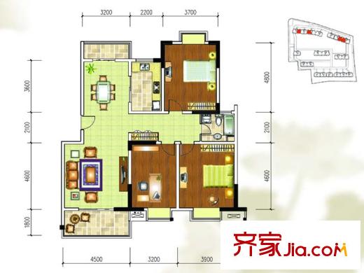 金盛田陽(yáng)光青城一期1#、2#標(biāo)準(zhǔn)層E戶(hù)型 3室2廳1衛(wèi)1廚