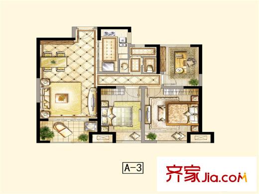 招商依云尚城一期1幢12幢標(biāo)準(zhǔn)層A3戶型 3室2廳1衛(wèi)1廚