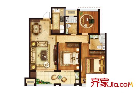 金隅紫京府一期1#標(biāo)準(zhǔn)層B1戶型 3室2廳2衛(wèi)1廚