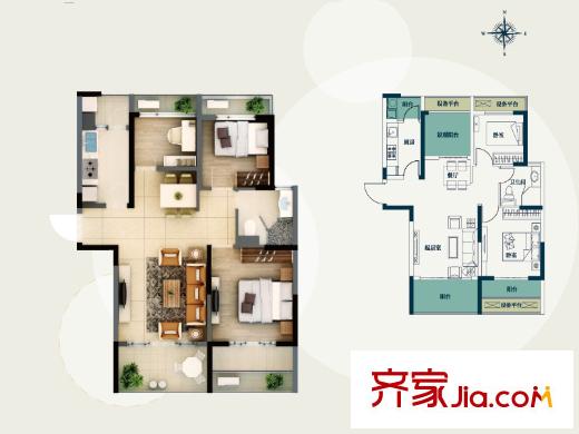騁望七里楠花園一期3、11號(hào)樓標(biāo)準(zhǔn)層C戶型 3室2廳1衛(wèi)1廚