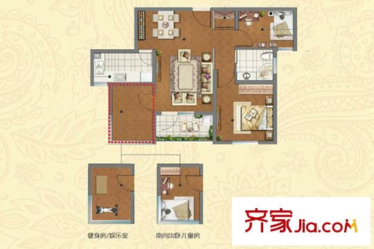 朗詩(shī)未來(lái)家一期標(biāo)準(zhǔn)層A1戶型 3室2廳1衛(wèi)1廚