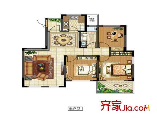 中電頤和府邸一期13#16#洋房標(biāo)準(zhǔn)層-H6戶(hù)型  3室2廳1衛(wèi)1廚
