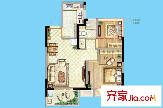 新城花漾紫郡一期1-4#標(biāo)準(zhǔn)層F戶型 2室2廳1衛(wèi)1廚
