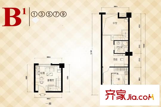 百家湖利源國(guó)際公館38#、39#標(biāo)準(zhǔn)層B1戶(hù)型 3室2廳1衛(wèi)1廚