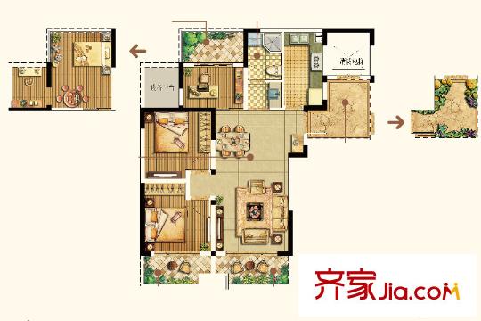 綠地新里悅峰公館B2戶型 3室2廳1衛(wèi)1廚