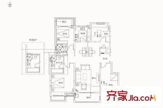 萬科璞悅山 一期13幢標準層A戶型 4室2廳2衛(wèi)1廚