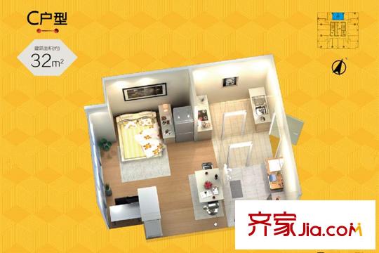 首創(chuàng)立方鉑悅公寓5層-27層標(biāo)準(zhǔn)層C戶型 1室1廳1衛(wèi)1廚