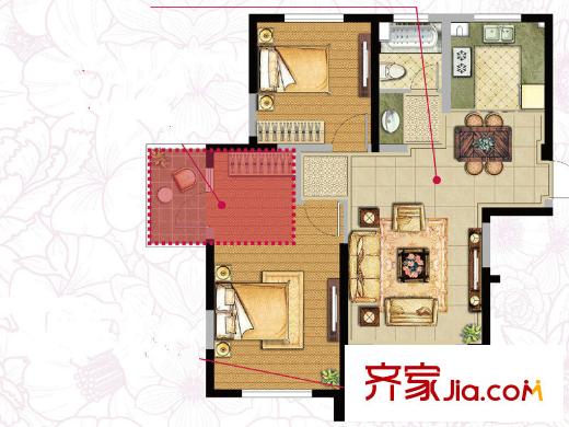 南京綠地國際花都一期首批小高層標(biāo)準(zhǔn)層B戶型 2室2廳1衛(wèi)1廚