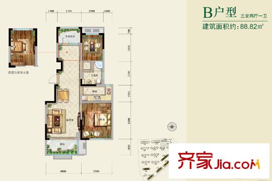 通宇林景熙園一期1#標(biāo)準(zhǔn)層中間戶B戶型 3室2廳1衛(wèi)1廚