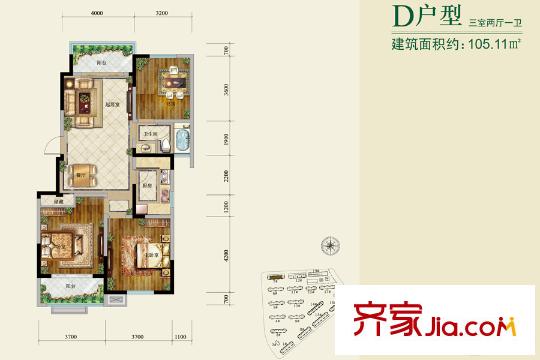 通宇林景熙園一期7#中間戶D戶型 3室2廳1衛(wèi)1廚