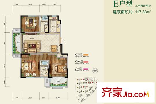 通宇林景熙園一期9#標(biāo)準(zhǔn)層E戶型 3室2廳2衛(wèi)1廚