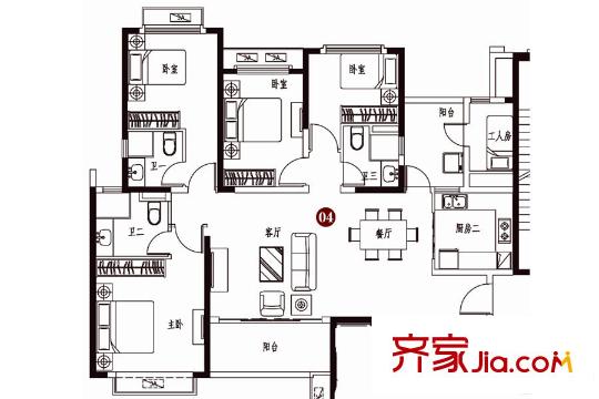 恒大雅苑二期16#標(biāo)準(zhǔn)層C戶型  5室2廳3衛(wèi)1廚