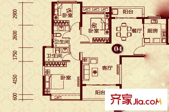 恒大雅苑二期14幢15幢16幢19幢1單元標(biāo)準(zhǔn)層A戶型 3室2廳2衛(wèi)1廚