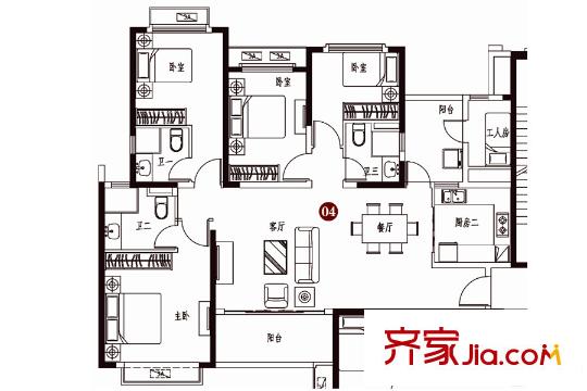 恒大雅苑160.05平C戶型 4室2廳3衛(wèi)1廚