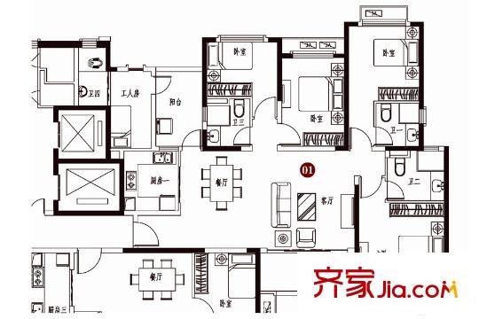 恒大雅苑167.18平A戶型 4室2廳3衛(wèi)1廚