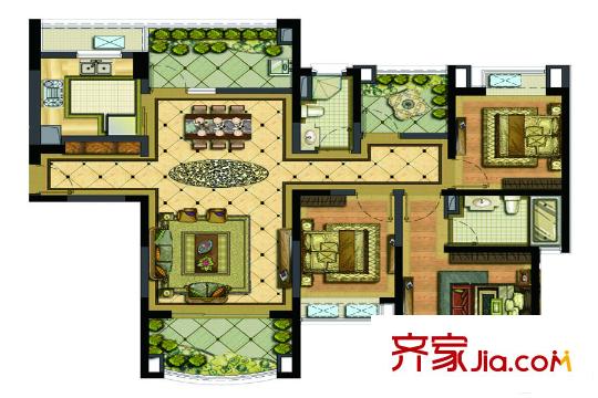 雅居樂濱江國際二期1幢、2幢標準層F戶型 3室2廳2衛(wèi)1廚