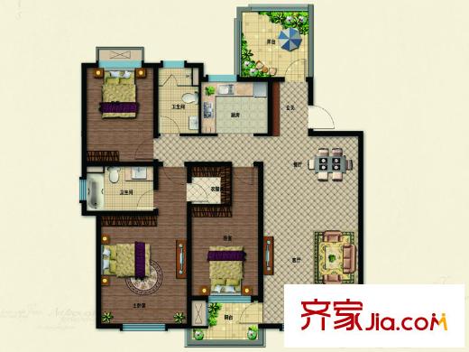 天生御景花園洋房標(biāo)準(zhǔn)層H2戶型  3室2廳2衛(wèi)1廚