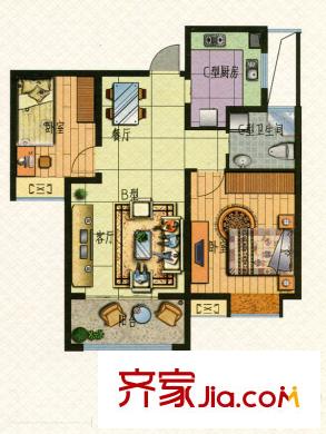 明月天瓏灣郁金香廣場(chǎng)A座標(biāo)準(zhǔn)層B戶型 2室2廳1衛(wèi)1廚